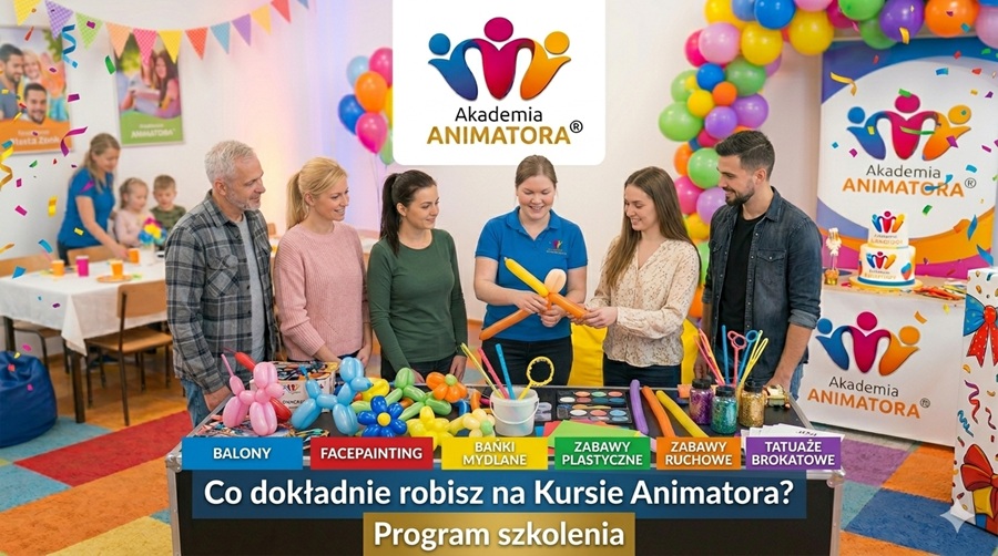 Trenerka Akademii Animatora w niebieskiej bluzce prezentuje program kursu stacjonarnego w Warszawie, pokazując techniki modelowania balonów i facepaintingu.