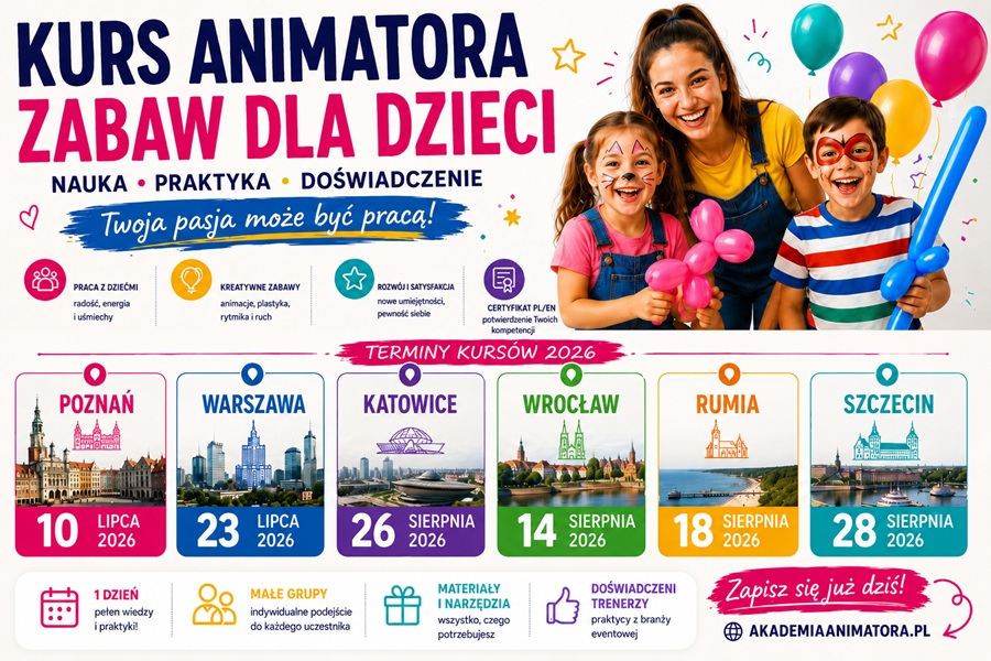 Terminy Kursu Animatora Zabaw dla Dzieci wakacje 2026 – 6 miast Akademii Animatora®